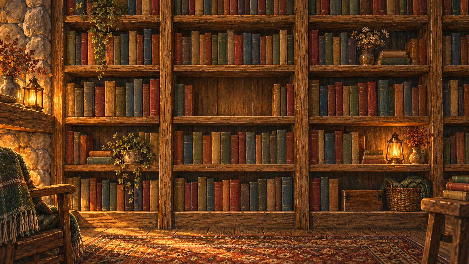 Estanterías de madera de la cabaña, llenas de libros de lomos lisos, con dos faroles encendidos y luz de lumbre.
