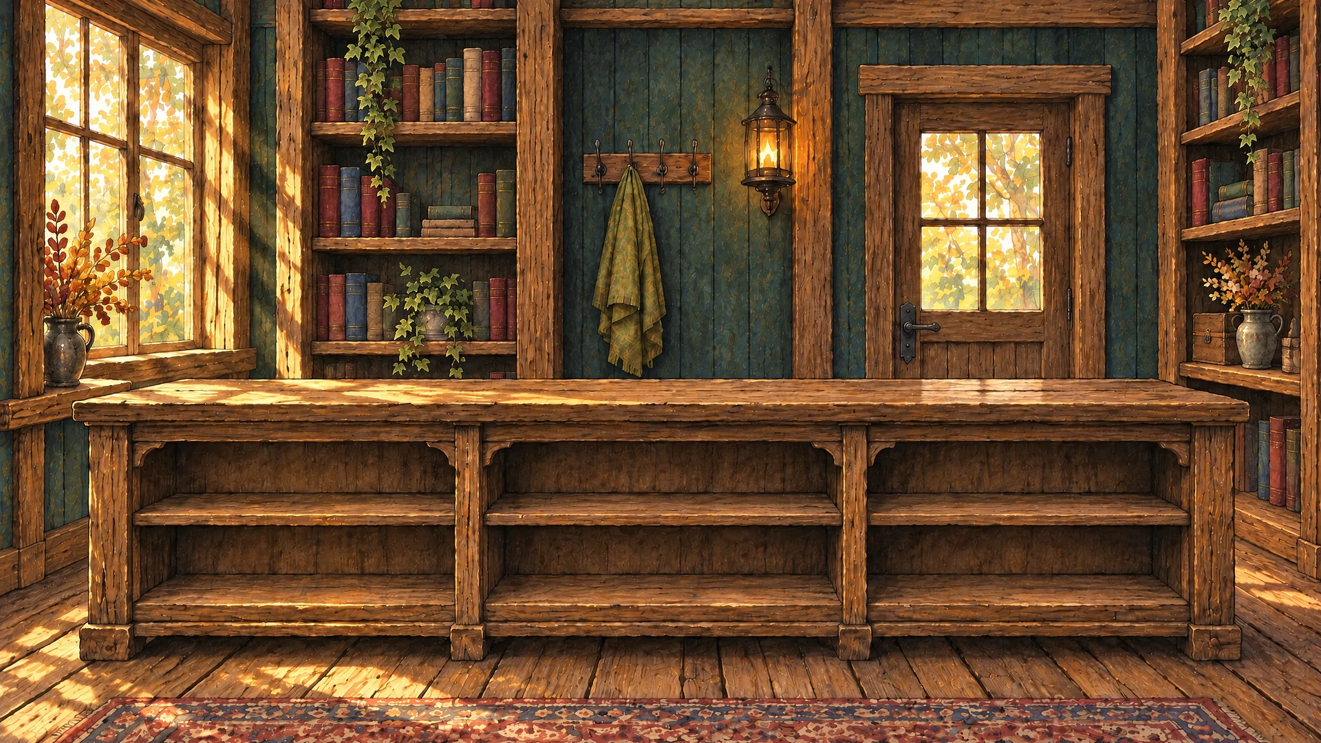 El mostrador vacío de madera de la cabaña, junto a los estantes de libros, con luz de tarde que entra por la ventana y un farol encendido en la pared.
